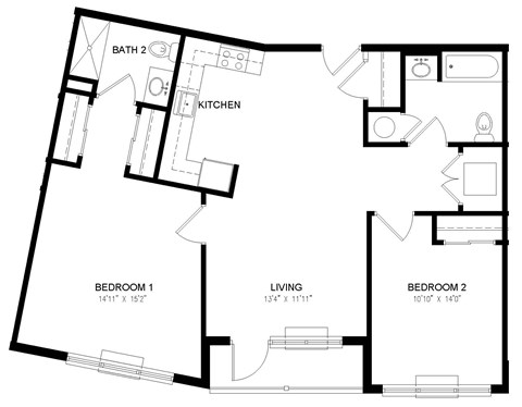 A black and white image of a house floor plan with two bedrooms, a living room, a kitchen, and a bathroom.